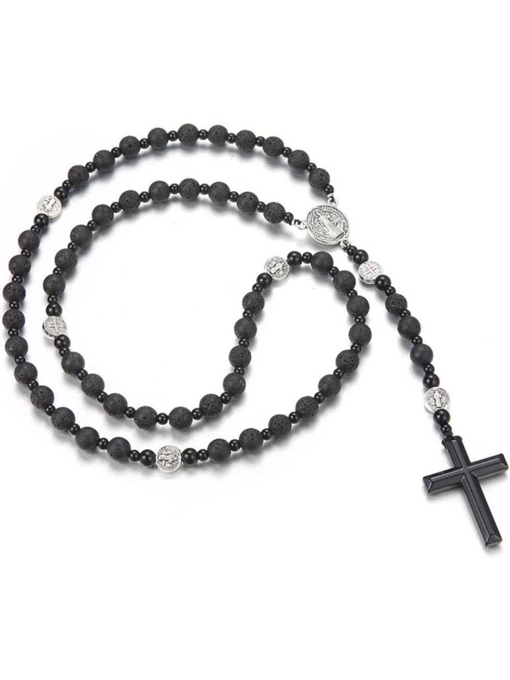 Men's Tiger Eye & Obsidian Cross Necklace, Hematite Lava Rock Healing Pendant